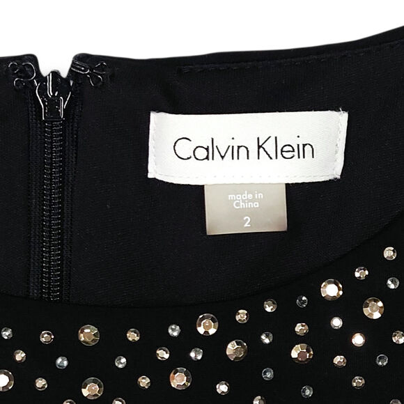 Calvin Klein Black Sleeveless Sheath Dress 2 Embellished Rhinestone Cocktail - Picture 5 of 10